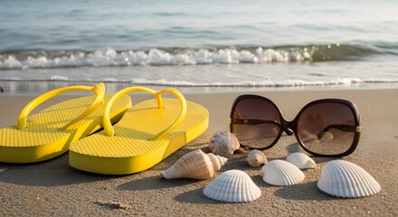 Yellow Flip Flops and Sunglasses on Sandy Shoreline at Sunset, Summer Vibes, Coastal Perspective