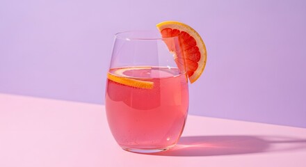 Refreshing grapefruit cocktail in a glass on a pink table, with a grapefruit slice garnish against a light purple background.