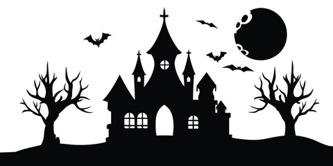 Spooky Haunted House Silhouette Vector Halloween Scene with Ghosts, Bats & Full Moon