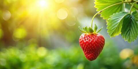 A lone strawberry fruit hanging from a green leafy branch in a lush garden on a sunny day