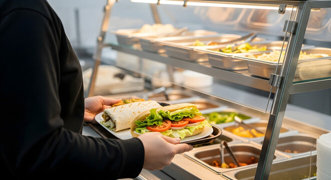 Person holding a plate with a fresh sandwich and wrap at a buffet counter, selecting healthy meal options for lunch or dinner in a modern cafeteria setting.