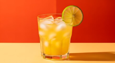Refreshing cocktail in a glass, garnished with a lime slice and filled with ice, set against a vibrant orange backdrop.
