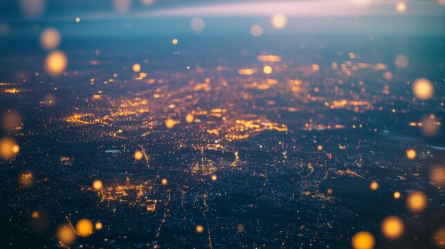 An aerial view of the city lights at night from the airplane window, a magical and dreamy moment. generative ai