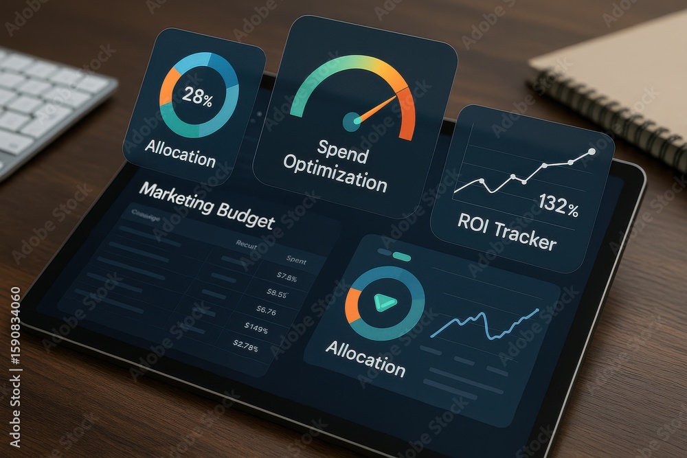 Poster dark mode marketing budget dashboard showing allocation, spend optimization and roi tracker on table