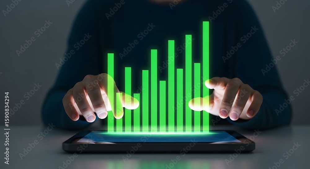 Poster person interacting with digital chart on tablet, highlighting growth and data visualization for busi