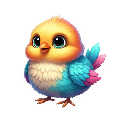 A cute cartoon chick with colorful feathers is isolated on transparent background