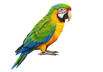 Obraz premium A colorful macaw parrot with green, yellow, and blue feathers is isolated on transparent background