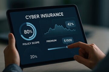 Cyber Insurance Dashboard Showing Policy Scope, Premium Amount, Risk Chart and User Interaction on Tablet
