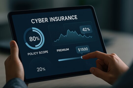 Cyber Insurance Dashboard Showing Policy Scope, Premium Amount, Risk Chart and User Interaction on Tablet
