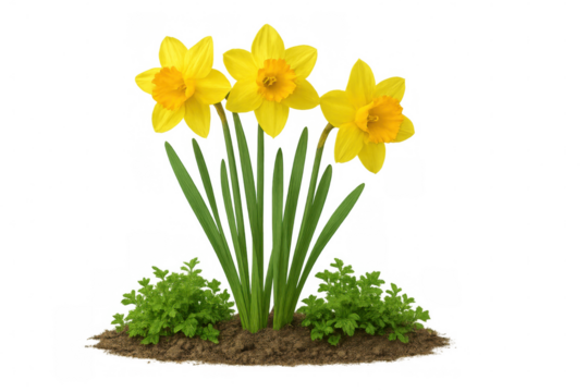 Bright yellow daffodil flowers emerging from dark soil, green stems visible, representing seasonal growth and springtime renewal