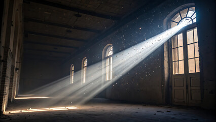 Obraz premium Sunlight Streaming Through Arched Windows Captivating Light and Shadow Play in Abandoned Space