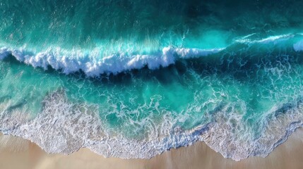 Aerial view of turquoise ocean gradient merging with white sand shoreline and wave patterns for sustainable tourism campaigns and coastal conservation branding