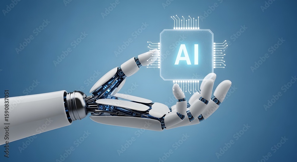Poster robotic arm holding a digital chip with the letters ai highlighted, symbolizing artificial intellige
