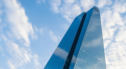 A tall, modern skyscraper reaches towards a bright blue sky with fluffy clouds.