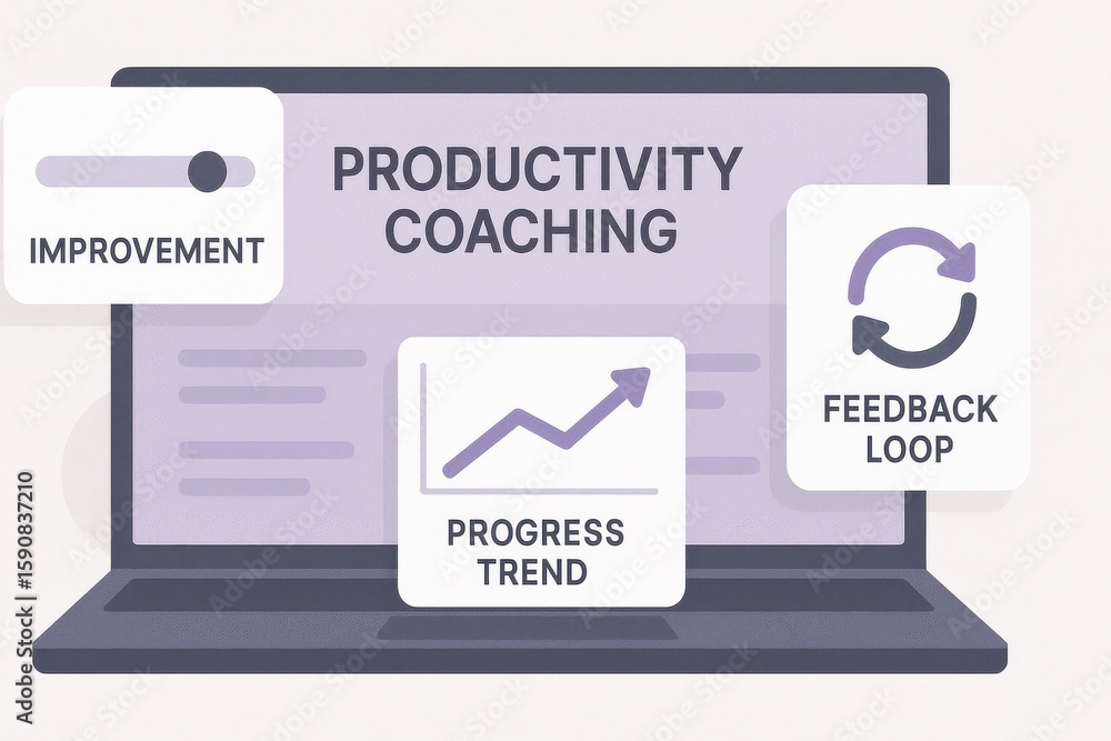 Poster productivity coaching interface displaying improvement score, feedback loop icons and progress trend