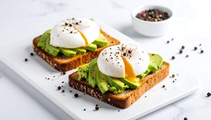 Two avocado toast with poached eggs