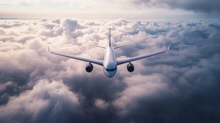 Fototapeta premium Airplane flying above the clouds, cinematic perspective, powerful moment of takeoff, excitement for adventure generative ai