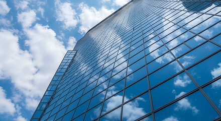 Fototapeta premium Low-angle view of a modern skyscraper reflecting the sky and clouds.