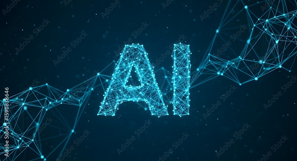 Poster futuristic glowing network spelling ai. represents innovation and interconnectedness in a technologi