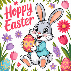 A cute cartoon bunny holds a decorated easter egg surrounded by spring flowers and text