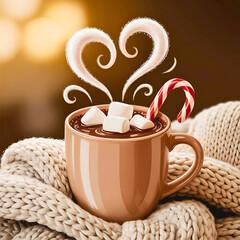 A warm mug of hot chocolate with marshmallows and a candy cane