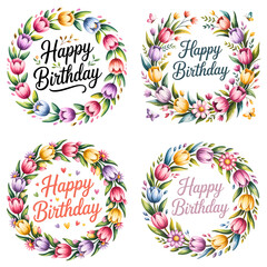 Four decorative floral wreaths with happy birthday text in various styles and colors