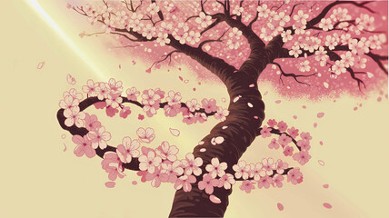 A stylized cherry blossom tree with branches forming a heart shape and petals falling