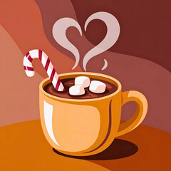 A steaming mug of hot chocolate with marshmallows and a candy cane forms a heart shape