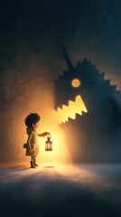 A Young Child Holding Lantern Stares At Monster Shadow In Dark Enironment With Dramatic Lighting