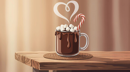 A mug of hot chocolate with marshmallows and a candy cane sits on a wooden table, creating warmth