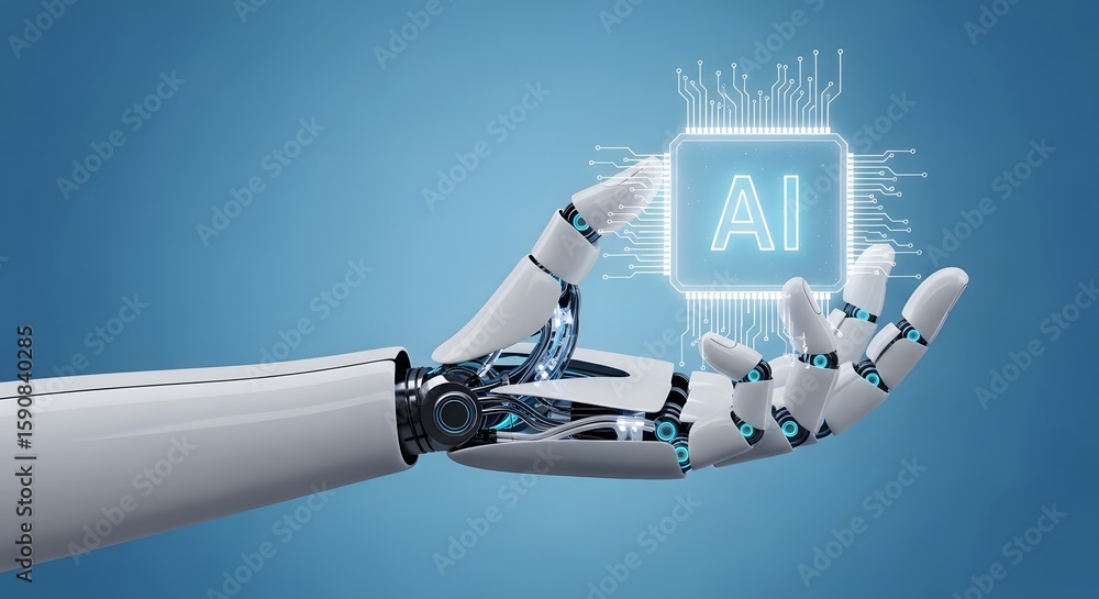 Poster robotic hand holds a glowing square chip with the letters ai on a blue background, symbolizing artif