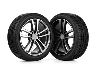 Obraz premium Two car tires on rims against white background