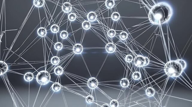 futuristic floating wireframe mesh structure with glowing gray nodes and transparent lines slowly rotating in outer space void as seamless background for digital tech motion graphics and