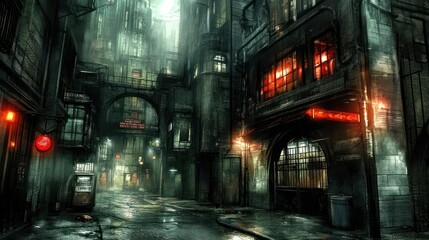 Fototapeta premium Dark, rain-slicked alleyway in a futuristic city