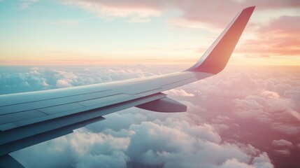 Airplane wing in close-up, against a beautiful sky, generative ai