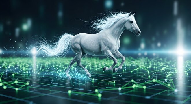 A digital horse runs across a glowing, networked surface. The image blends the elegance of nature with technological elements.