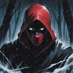 Mysterious dark fantasy assassin character in red hood and mask with glowing eyes standing in snowy forest