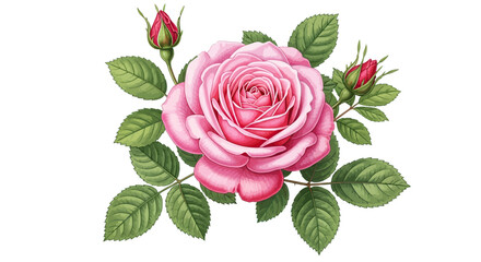 Floral Rose Vector Illustration with Realistic Pink Flower and Green Leaves in Vintage Botanical Style