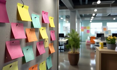 A digital display showing colorful sticky notes arranged in an organized grid, - Powered by Adobe