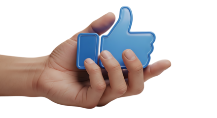 Blue thumbs up held in hand holding icon