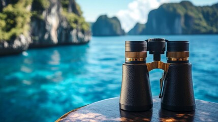 Binoculars on a cruise ship table with the sea in the background, a concept of exploration and adventure. generative ai