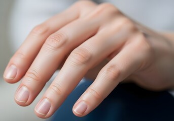 Fototapeta premium Close-Up of Human Hand with Natural Fingernails on Blurred Background – High-Resolution Macro Image Highlighting Skin Texture, Nail Shape, and Finger Structure for Medical, Skincare, or Personal Care 