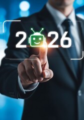 Obraz premium Businessman touching digital robot and year image