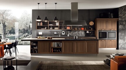 Modern kitchen with dark wood cabinets and a large island