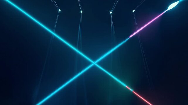 Abstract image featuring intersecting blue and pink laser beams against a dark background with faint spotlights above.