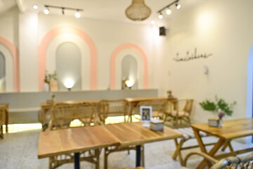 Blur bokeh background of interior with empty table and chair in restaurant, eatery, cafe or coffee shop. Abstract bokeh of food business dining court with no person. blurred.