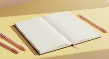 Open Notebook with Pink Pens on Yellow Surface Bright Natural Lighting Minimalist Workspace