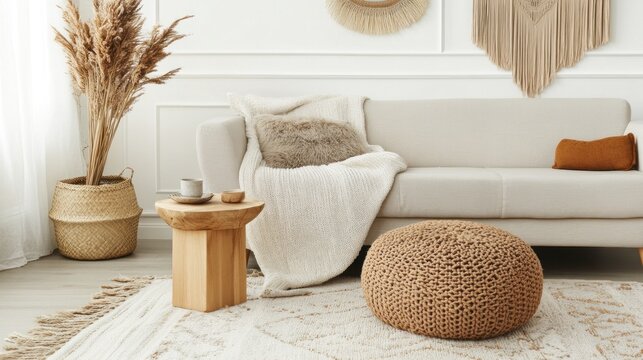 Cozy, neutral living room with boho accents