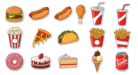 Delicious fast food icons offer a fun, playful vibe perfect for menus or branding, capturing the joy of tasty treats and easy eats, a vibrant and appealing culinary adventure