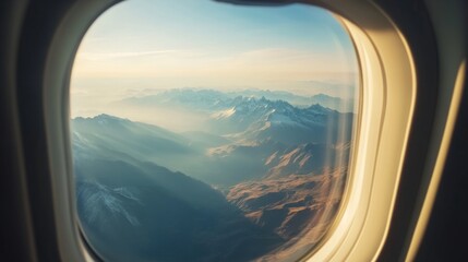 Fototapeta premium airplane window with reflection of mountain landscape, immersive travel experience generative ai